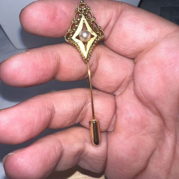 Vintage Gold Tone Art Deco Style Stick Pin With Faux Pearl - Picture 5 of 6